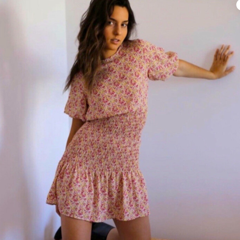 NWT ZARA Pink Orange beige Floral Rosebud Print Mini Shirred Dress Cottage core